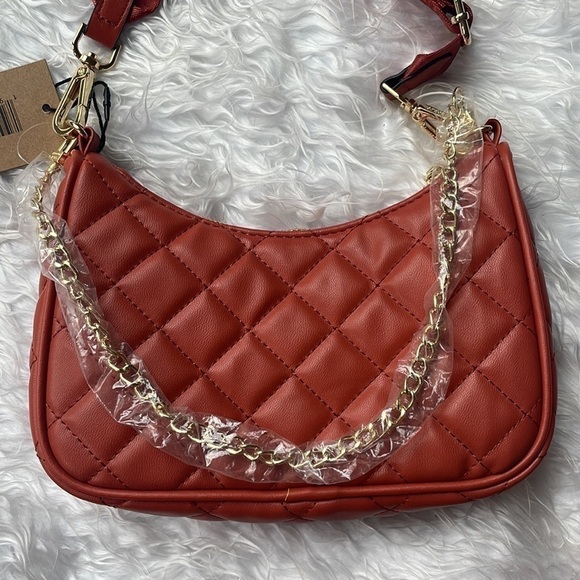 Brand New Steve Madden Quilted Stitch Orange Zip Crossbody Purse Gold Tone Chain - Picture 5 of 15